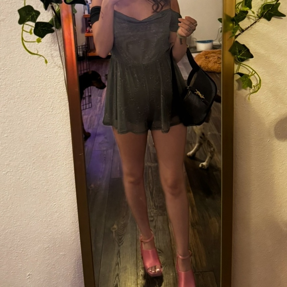 Urban Outfitters Sheer Dark Green Floral Romper